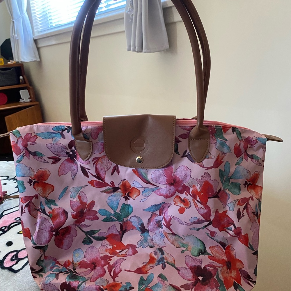 Floral and Tan Tote Bags with Leather Accents